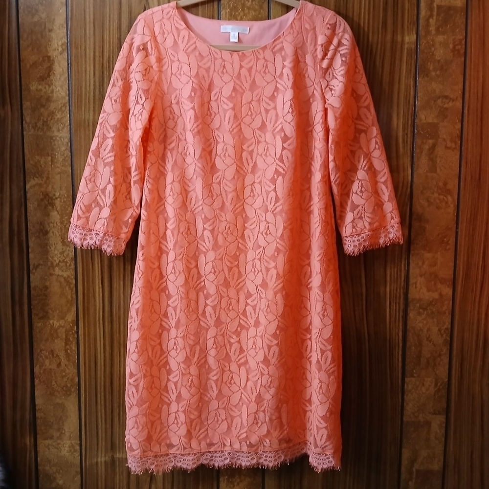 London Times Coral Lace Dress 3/4 Sleeves Size 10 Elegant Sheath Summer Wedding